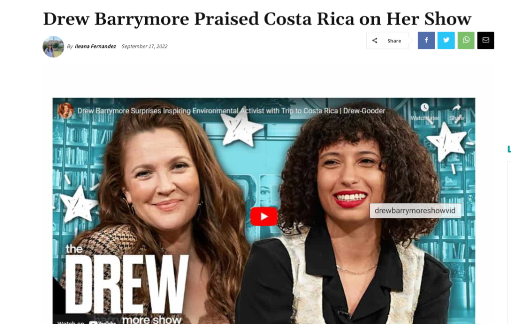 Drew Barrymore Praises Costa Rica