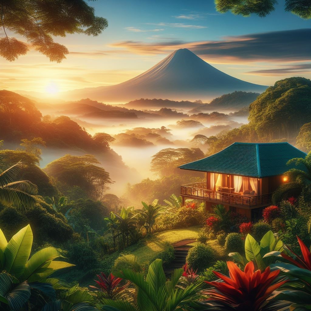 An idyllic Costa Rican morning is brought to life in this image, where the first rays of the sun gently illuminate a verdant rainforest. This scene encapsulates the dream of embracing a peaceful life when moving to Costa Rica. class=